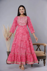 Women's Fuschia Printed Embroidered Mirror Work Sequin Cotton Flared Dress-5101OTFUSCHIA-XXL