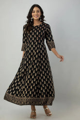 Women's Jet Black Rayon Best Printed Flared Dress