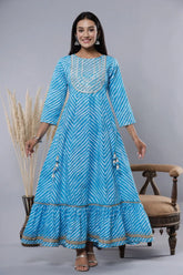 Women's Skyblue Printed Embroidered Mirror Work Sequin Cotton Flared Dress