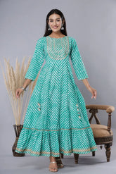 Women's Green Printed Embroidered Mirror Sequin Cotton Flared Dress