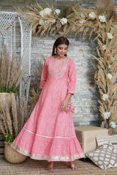 Women's Pink Printed Flared Cotton Cambric Dress