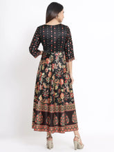 Black Dull Satin Printed Flared Dress With Hair-Band