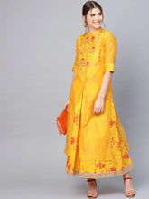 Mustard Georgette Printed Flared Dress With Hair-Band