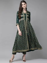Jade Green Rayon Slub Printed Jacket Style Kurta With Pants