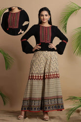 Black Cambric Embroidered Peplum Crop-Top With Palazzo