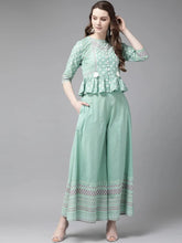 Mint Cambric Printed Peplum Crop-Top With Palazzo