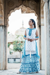 Blue Georgette Printed Straight Kurta Sharara Dupatta Set