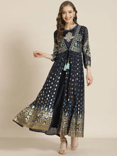 Navyblue Dull Satin Printed Anarkali Dress
