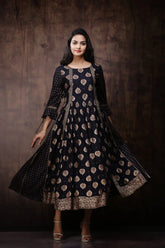 Black Rayon Printed Jacket Style Kurta Dress