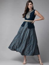 Teal Dull Satin Placement Print Panelled Dress