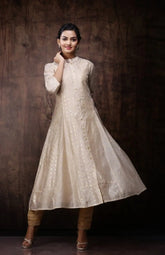 Beige Chanderi Printed Layered Kurta