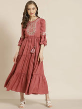 Rosepink Rayon Lurex Embroidered Tiered Dress