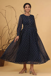 Navy Alphin Chiffon Flared Printed Dress With Tie-up Blet