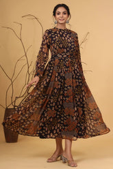 Multi Chiffon Flared Printed Dress With Tie-up Blet