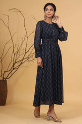 Navy Chiffon Flared Printed Dress With Tie-up Blet