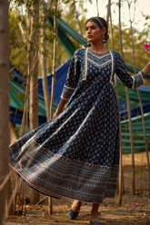 Indigo Cambric Floral Print Anarkali Kurta Dress With Mask