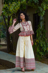 Cream Cambric Floral Print Crop-Top Palazzo Set With Rubber-Band