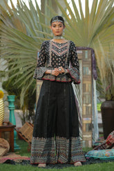 Black Cambric Floral Print Crop-Top Palazzo Set With Rubber-Band