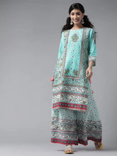 Aqua Cambric Floral Print Straight Kurta Palazzo Set