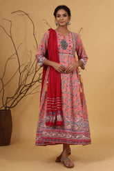 Coral Cambric Floral Print Anarkali Dress & Dupatta Set with Rubber-Band