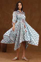 Blue Cambric Floral Print Asymmetric Dress With Mask