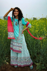 Aqua Cambric Printed Straight Kurta Palazzo Dupatta Set