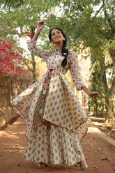 Beige Cambric Printed Asymmetric Tunic Palazzo Set