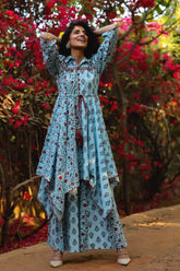 Blue Cambric Printed Asymmetric Tunic Palazzo Set