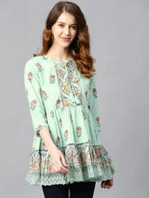 Pistagreen Cambric Mexican Print Flared Kurta Dress With Mask