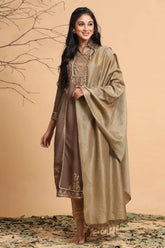 Brown Rayon Printed Straight Kurta Dupatta Set With Rubber-Band