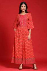 Coral Rayon Embroidered Jumpsuit With Mask