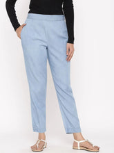 Blue Cotton Solid Straight Pants