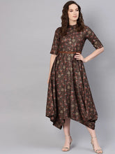 Black Rayon Printed Asymmetric Dress With Belt