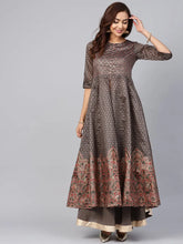 Grey Chanderi Printed Kurta With Solid Skirt