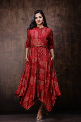 Maroon Rayon Printed Asymmetric Dress With Belt