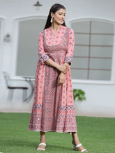 Women's Peach Cambric Mexican Print Flared Kurta Dress With Mask