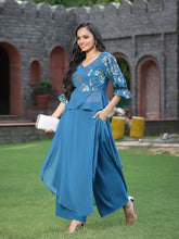 Women's Teal Georgette Solid Peplum Clothing Set