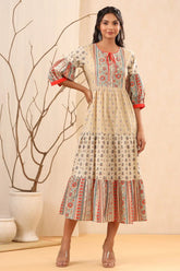 Beige Cambric Festive Printed Tiered Long Dress For Women