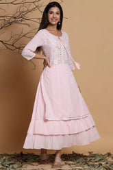 Pink Cotton Mirror Work Layered Kurta Dress With Mask