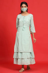 Sagegreen Cotton Mirror Work Layered Kurta Dress With Mask