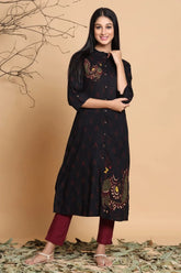 Black Rayon Slub Ikat Print A-Line Kurta With Mask