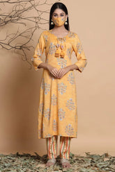 Mustard Rayon Slub Printed Asymmetric Kurta Pant Set With Mask