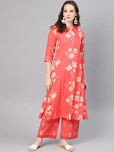 Coral Rayon Printed A-Line Kurta Palazzo Set