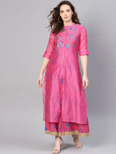 Fuschia Shantoon Gold Foil Print Layered Kurta Dress