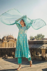 Mint Poly Muslin Printed A-Line Kurta Pant Dupatta Set