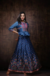 Teal Dull Satin Printed Kalidar Lehenga Choli Set