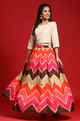 Coral Silk Printed Lehenga With Silk Lurex Choli