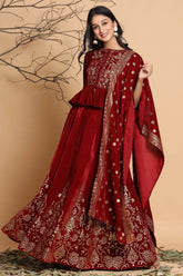 Maroon Velvet Emboss Print Lehenga Choli Dupatta Set