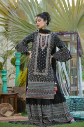 Black Cambric Floral Print High-Low Kurta Palazzo & Dupatta Set With Mask