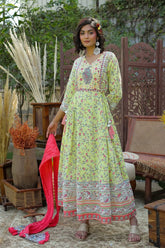 Limegreen Cambric Floral Print Anarkali Dress & Dupatta Set with Rubber-Band
